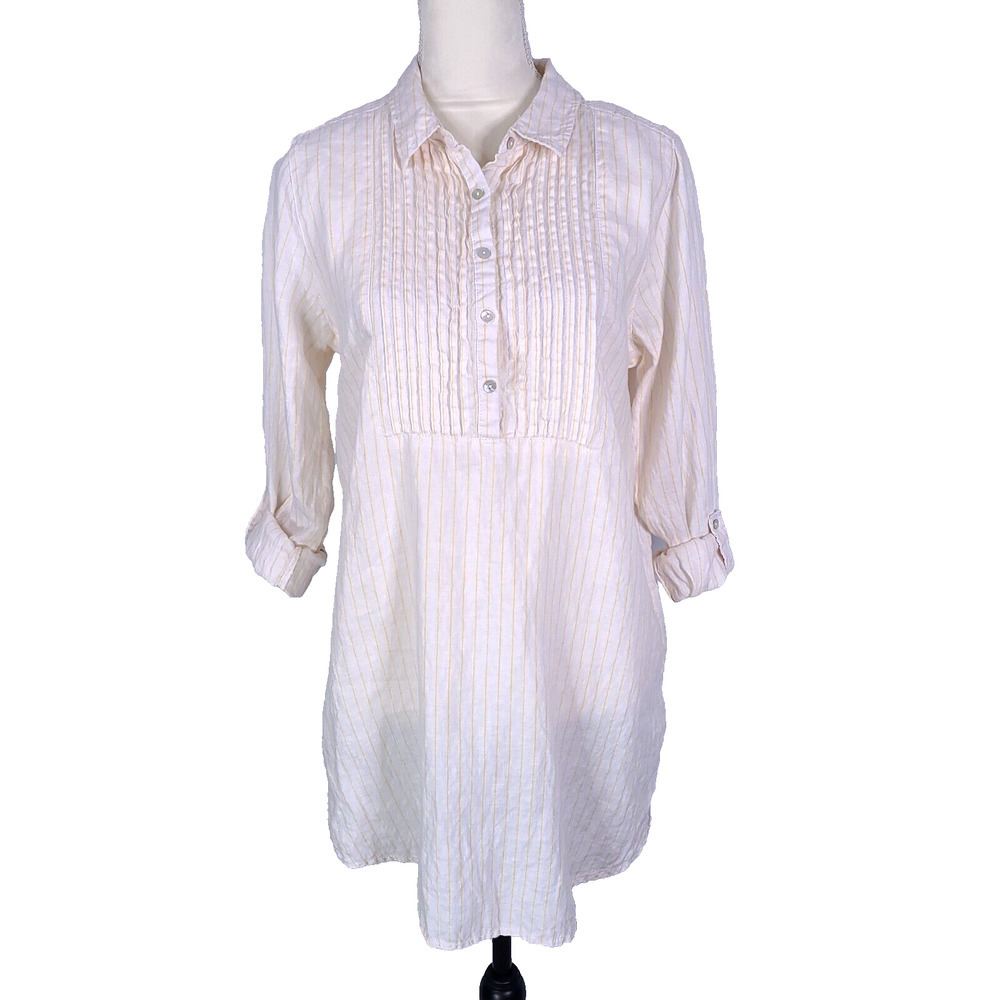 Cynthia Rowley White Yellow Stripe 100% Linen Roll Tab Sleeve Tunic Top Medium